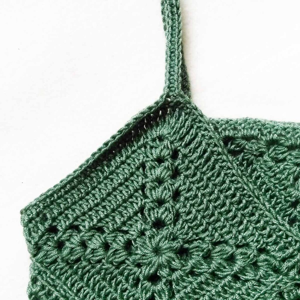 Pine cross summer top free crochet pattern close-up on top detail