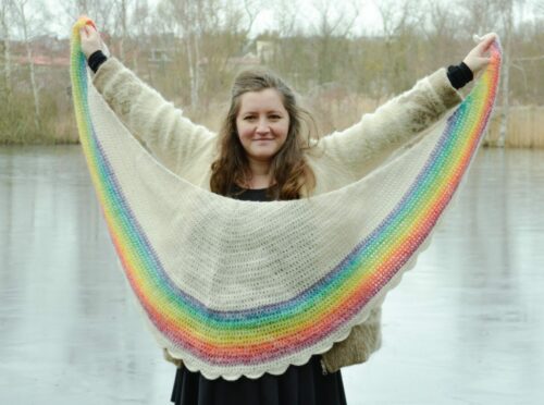 Rainbow shawl crochet pattern - showing off the full size of the crescent shawl