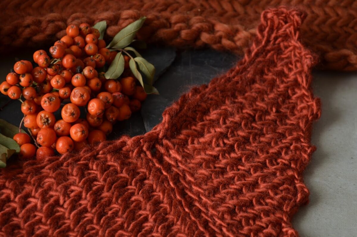 Mini sample of Porphyry - a free Tunisian crochet shawl pattern, with orange fruit on a branch