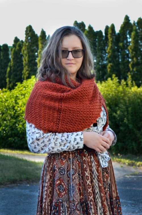 Porphyry shawl Tunisian crochet shawl being worn