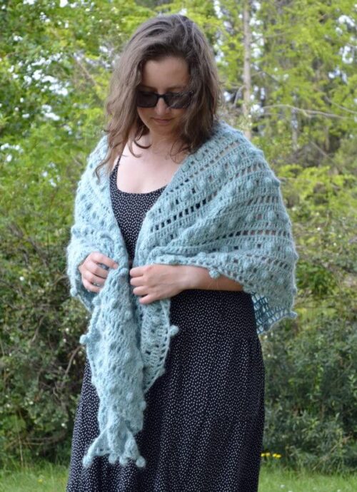 Mint truffle shawl being worn and gathered in front