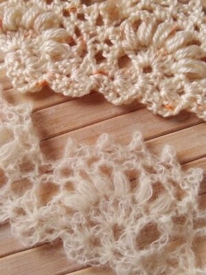 jasmine lace border crochet pattern in two different types of yarn - mohair and smooth acrylic